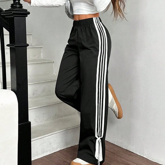Black Casual Women's Side Contrast Tape Elastic Waist Wide legged Pants - Picture 5 of 6